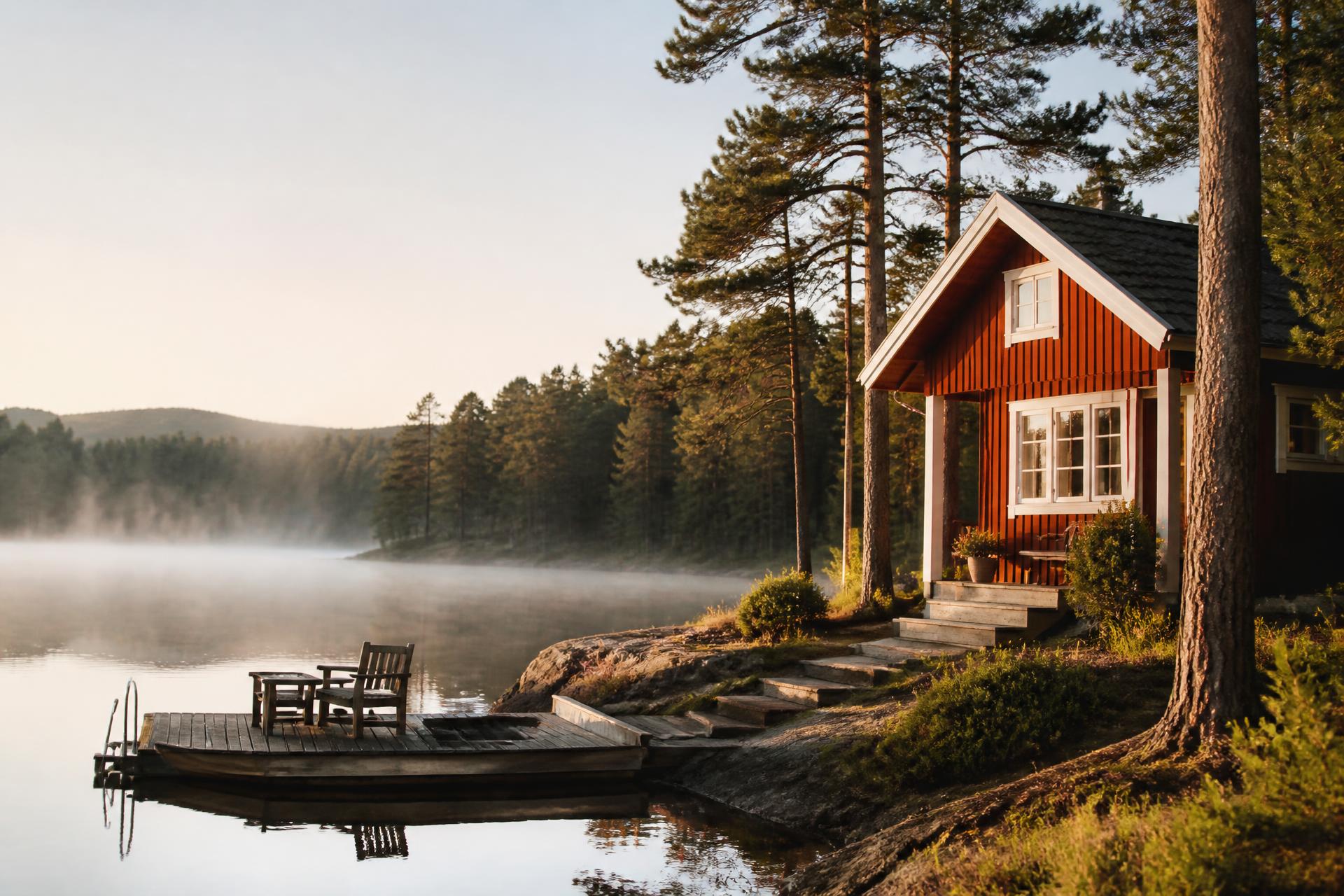 Röd svensk stuga vid sjö i Jönköpingsregionen i gyllene kvällsljus